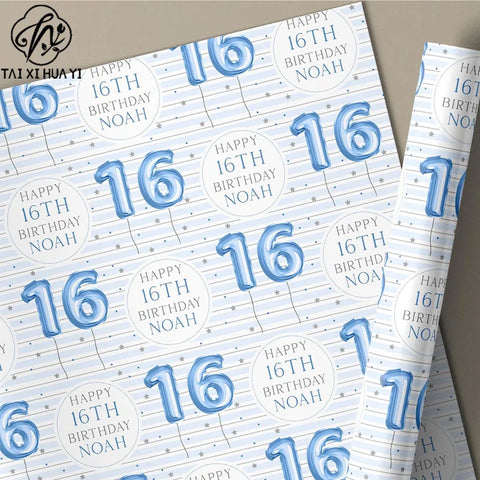 Personalized Eco-Friendly Art Paper Birthday Gift Wrap for Boys Custom Blue Design Any Age & Name