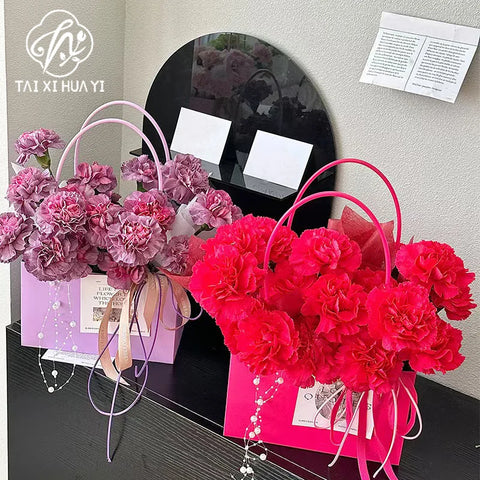Waterproof Rectangular Flower Box Small Paper Bag with Handle Candy Color Bouquet Packaging Gift Box Tote Box for Flowers Candy