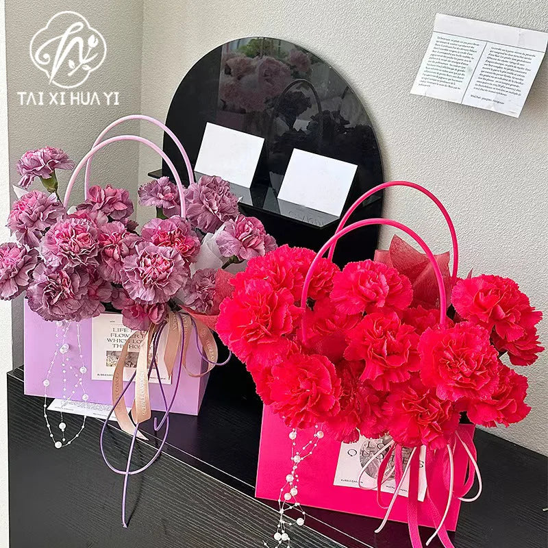 Waterproof Rectangular Flower Box Small Paper Bag with Handle Candy Color Bouquet Packaging Gift Box Tote Box for Flowers Candy
