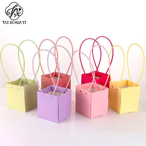 Portable Square Flower Gift Carrier Bags Art Paper Bouquet Wrapping Floral Bag for Arrangements Kraft Paper for Easy Storage