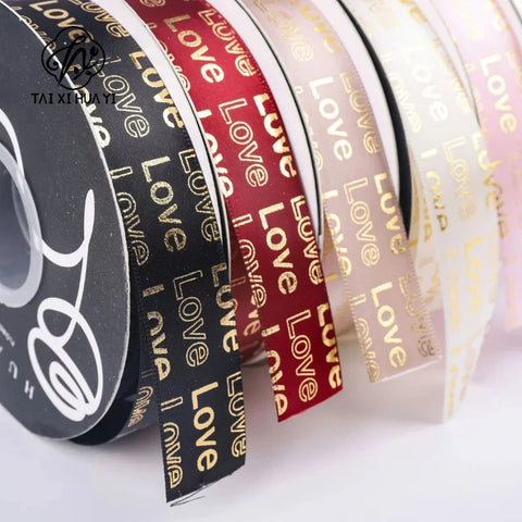 Hot Stamping English Ribbon Love Polyester Flower Gift Packaging Ribbon for Christmas and Weddings