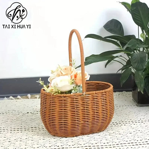 Plastic Wicker Picnic Basket with Handle for Home Outdoor Use Hand-Woven Straw Flower Basket for Gifts