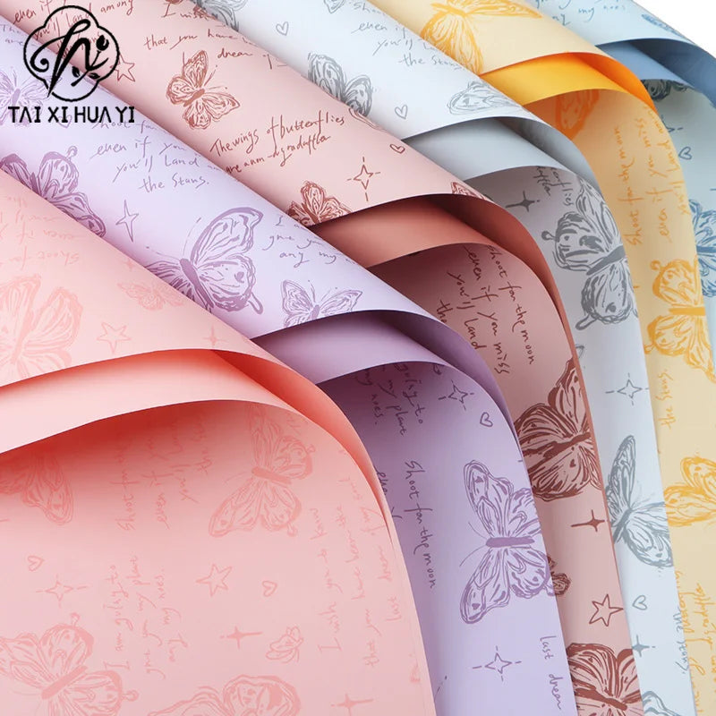 Butterfly Pattern Flower Wrapping Paper Double-Sided PE Coated Recyclable 57x57cm Florist Bouquet Gift Wrap for Packaging New รูปสินค้าหลัก