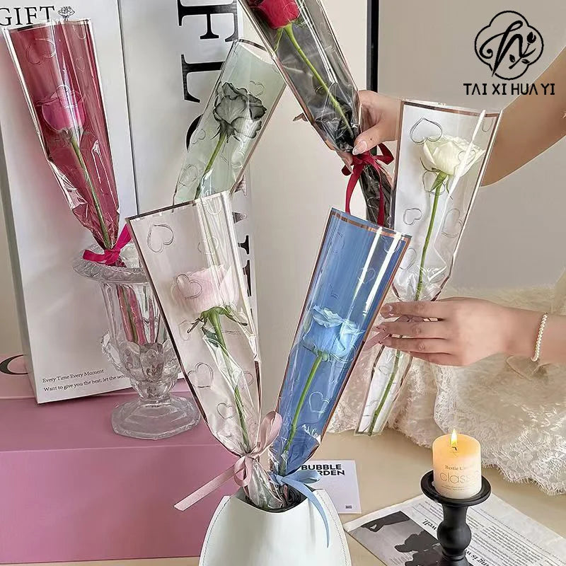 Transparent OPP Fresh Floral Packaging for Florists Elegant Heart Pattern Single Rose Flower Bag รูปสินค้าหลัก