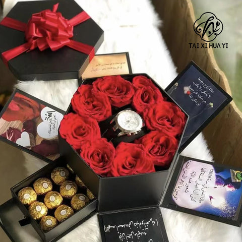 Double Layer Hexagon Flower Gift Box Cardboard Recycled Materials Embossing Printing Rigid Box Recyclable