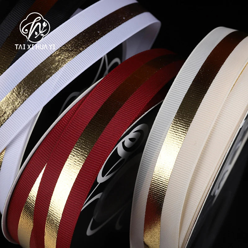 Floral Arrangement Fresh Bouquets Christmas Packaging Materials Gold Borders Hot Stamping Ribbed Ribbons
