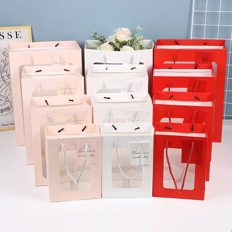 Transparent Window Display Tote Bag for Bouquet Toys Gifts Portable Waterproof Reusable for Teacher's Day Valentine's Day