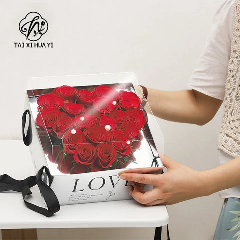 Valentine's Day Floral Gift Box 23.5*23.5*15cm Elegant Transparent Lid Anniversary Preserved Flower Boxes Elegant Folders Type