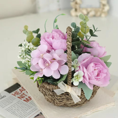 Handwoven Eco-friendly Peony Eucalyptus Flower Basket Small Bonsai Storage Ornament Home Decorative Craft