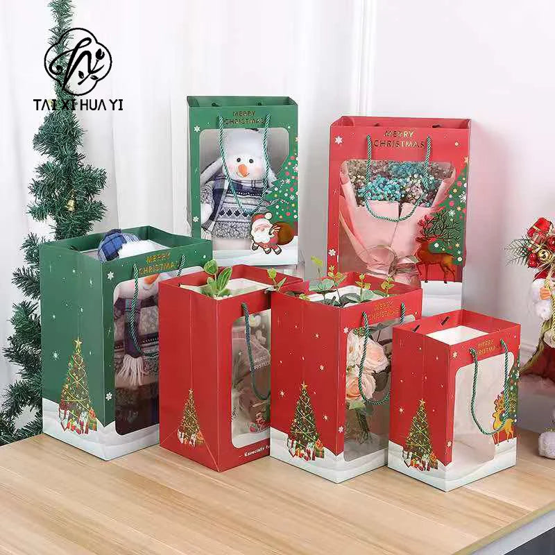 Christmas Paper Transparent Window Gift Bag Gold Stamping Recyclable Eco-friendly Doll for Handbag for Christmas Eve