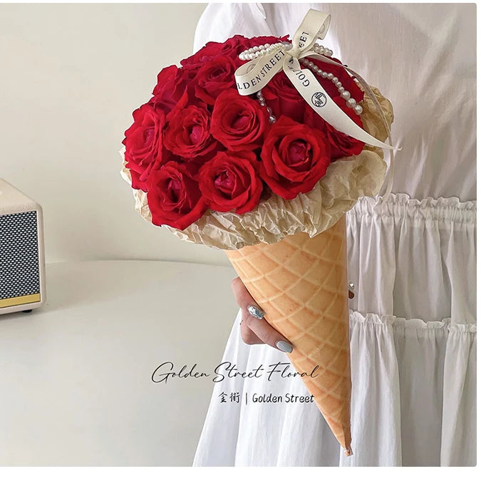 Valentine's Day DIY Ice Cream Cone Bouquet Kraft Paper Thick Cardstock Flower Packaging Handmade Floral Design Starch Coating