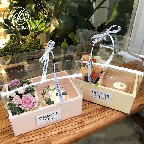 Transparent Handheld Rigid Cake Gift Box Red Qixi Design Valentine's Day Coated Paper Fruit Flower Recycled Materials Ribbon