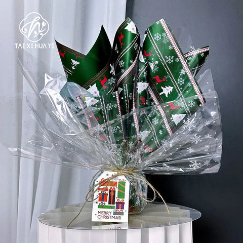 Christmas Floral Unique Gift Wrapping Paper Waterproof Reindeer Red Green Flower Patterns Single Side Coating