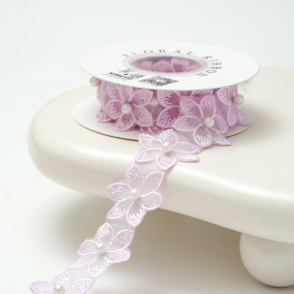 3.5cm Luxury Satin Embroidered Small Flower Bouquet Ribbon for Valentine's Day & Wedding Packaging Biodegradable