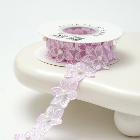 3.5cm Luxury Satin Embroidered Small Flower Bouquet Ribbon for Valentine's Day & Wedding Packaging Biodegradable