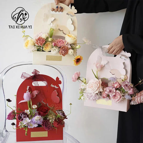 Valentine's Day Gift Bow Knot Flower Box Kraft Paper Folding Design for Flower Shop and Personal Gift Packaging