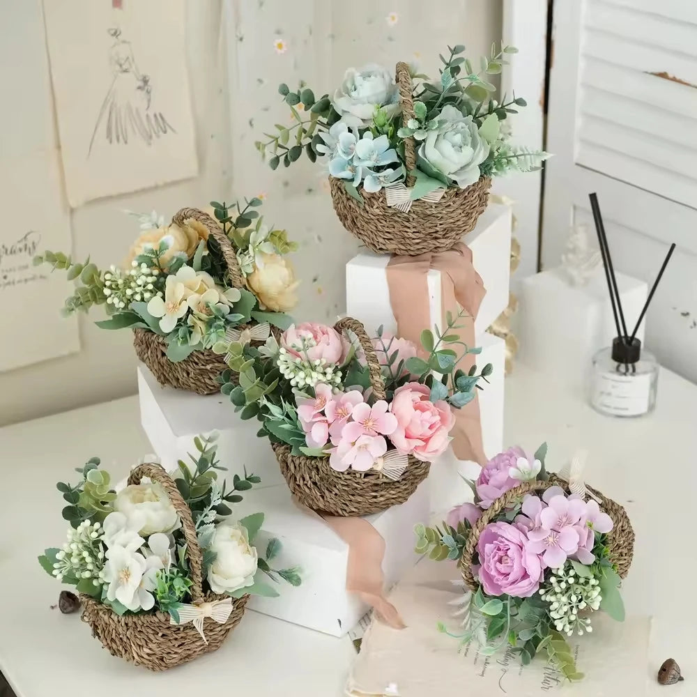Handwoven Eco-friendly Peony Eucalyptus Flower Basket Small Bonsai Storage Ornament Home Decorative Craft Secondary image