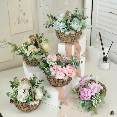 Handwoven Eco-friendly Peony Eucalyptus Flower Basket Small Bonsai Storage Ornament Home Decorative Craft