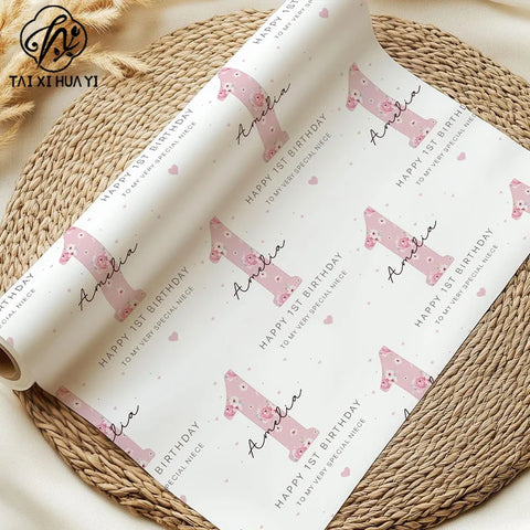 Wholesale Personalized Baby Girl 1st Birthday Wrapping Paper, Custom Print Pink Floral Gift Wrap Sheet for First Birthday Party