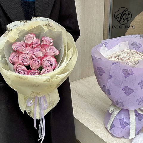 Korean Rose Flower Packaging Bear Print Soft Semi-Transparent Stretch Film for Garden Bear Cartoon Florist Supplies Gift Wrap