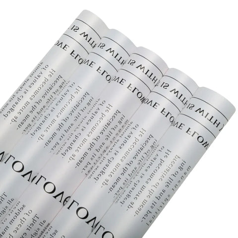 Snow White Flower Packaging Paper Single-Sided Coated OPP Waterproof Plastic with English Newspaper Design