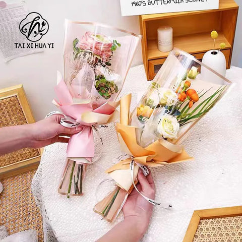 Transparent Single Rose Bouquet OPP Bag Moisture Proof Hot Stamping Gold Edge Festival Flower Wrapping Paper