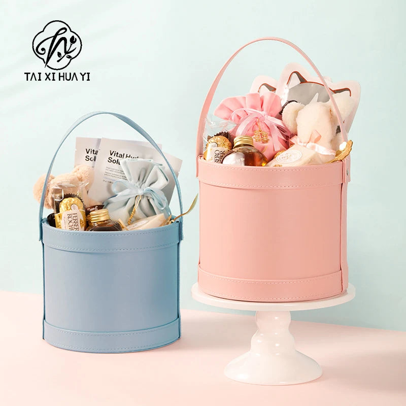 Korean Flower Arrangement Handheld Leather Round Gift Box Qixi Rose Bouquet for Cosmetic Use Handmade Round Hand Holding Bucket