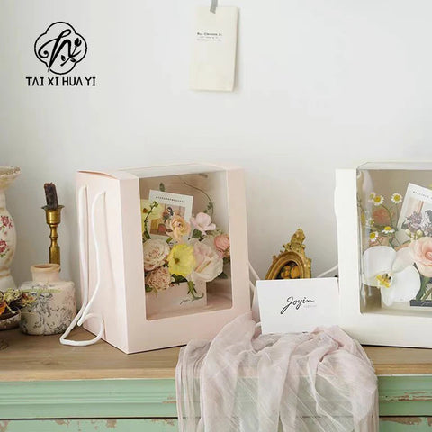 Clear Window Folding Gift Box with Flower Handle Festive Party Decor for Mother's Day Birthday Valentine's Day