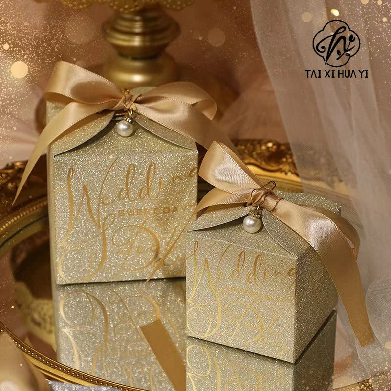 Custom Logo Gold Wedding Ribbon Favors Square Shape Recyclable Paperboard Folders for Guests