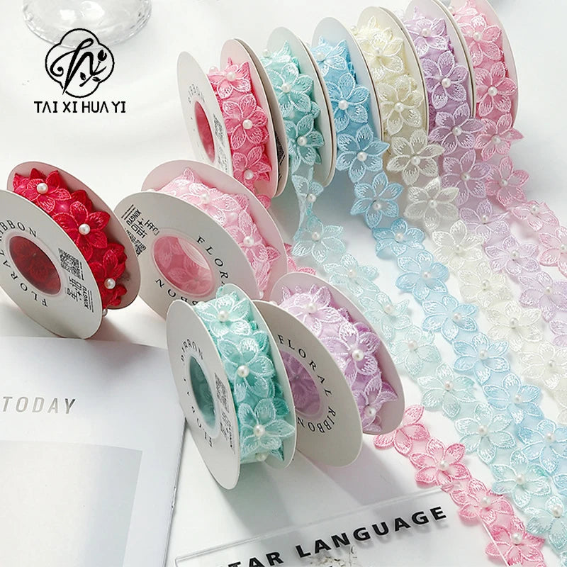 3.5cm Luxury Satin Embroidered Small Flower Bouquet Ribbon for Valentine's Day & Wedding Packaging Biodegradable