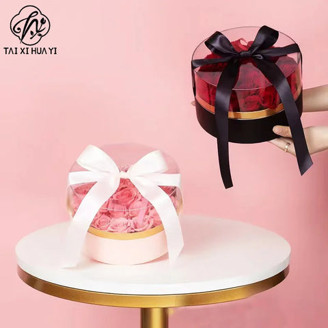 Round Cylinder Rose Flower Gift Box with UV Coating and Transparent Lid for Valentine's Day Fresh Flower Packaging