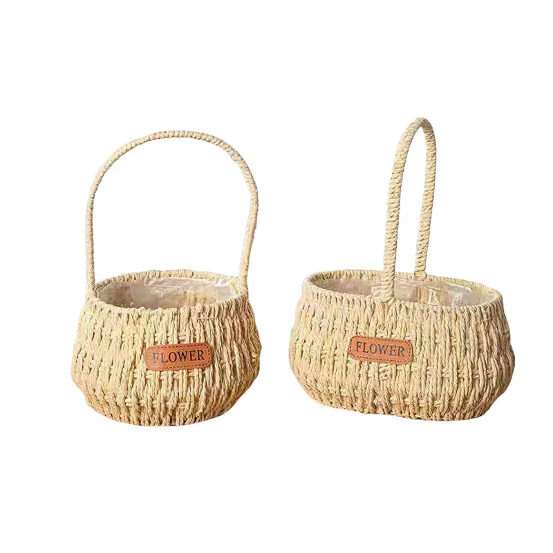 Woven Flower Basket with Paper Rope Handle for Mother's Day Party Wedding Easter Decor Wooden Gift Basket for Festive Occasions