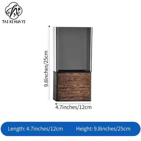 Light Luxury Modern Sleek Square Hydroponic Acrylic Vase with Wooden Sleeve Stand for Gift & Craft Packaging