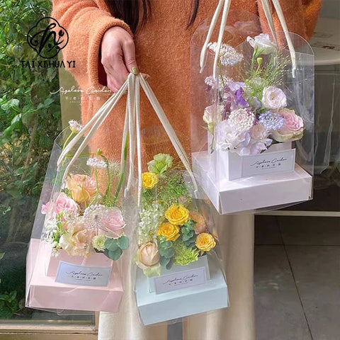 Creative Portable PVC Flower Box Transparent Square Shaped Gift Box with Embossing Printing for Parties