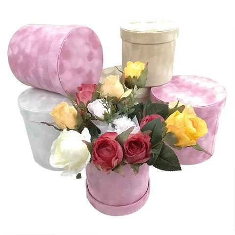 Factory Direct Sales Modern Luxury Wedding Gift Box Cylinder Velvet Flower Bucket Three-Piece Hug Bucket Cardboard + Velvet