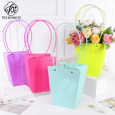 Portable Recyclable Floral Packaging for Florist's Gift Elegant Macaron Color Embossed Art Paper Bags Paper Handle Multiple