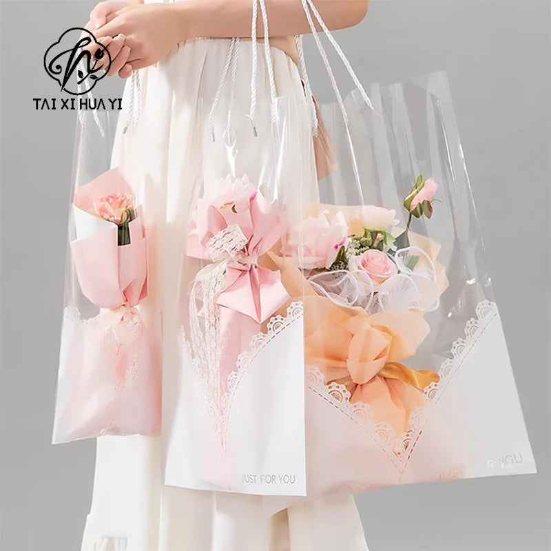 Internet Celebrity Transparent Flower Bag PE Coating Mother's Day Bouquet Tote Flower Shop Supply Perfect Accompanying Gift Bag