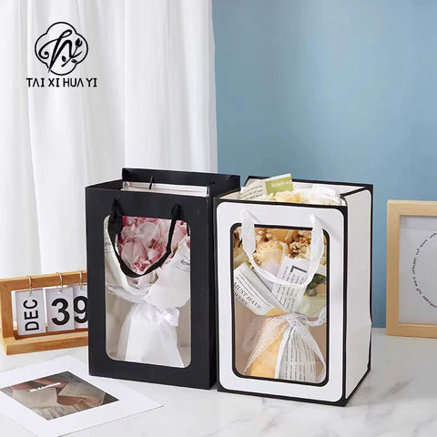 Classic Clear Transparent Kraft Paper Bags Window Cotton Rope Handle Offset Printing Recycled Materials Hand Length Handle for
