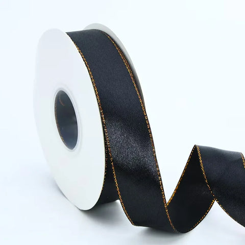 High Quality Polyester Satin Ribbon Gold Edge Floral Design for Wedding Birthday Flower Cake Gift Packaging Christmas