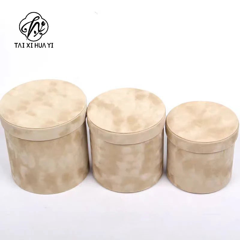 Set of 3 Velvet Round Cylinder Rigid Boxes Floral Shop Supplies for Fresh Flowers Bouquet Packaging Holiday Gift รูปสินค้ารอง