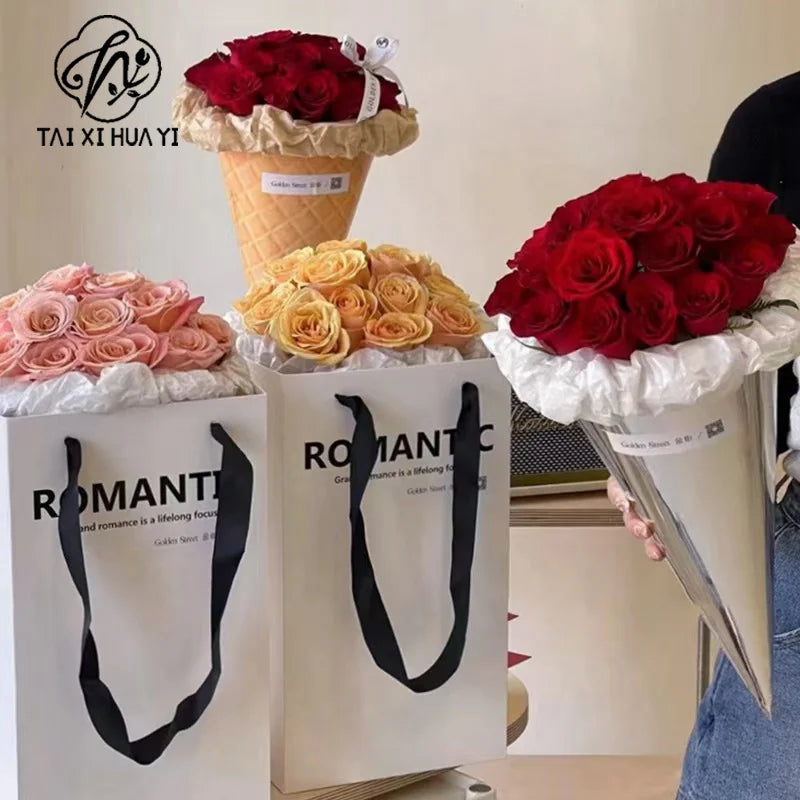 Creative Floral Art Materials Classic Ice Cream Cone Flower Bouquet Gift Packaging Bag for Flower Shops Made Paperboard
