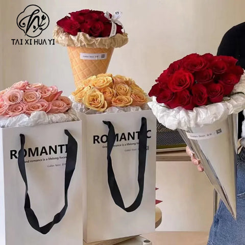 Creative Floral Art Materials Classic Ice Cream Cone Flower Bouquet Gift Packaging Bag for Flower Shops Made Paperboard