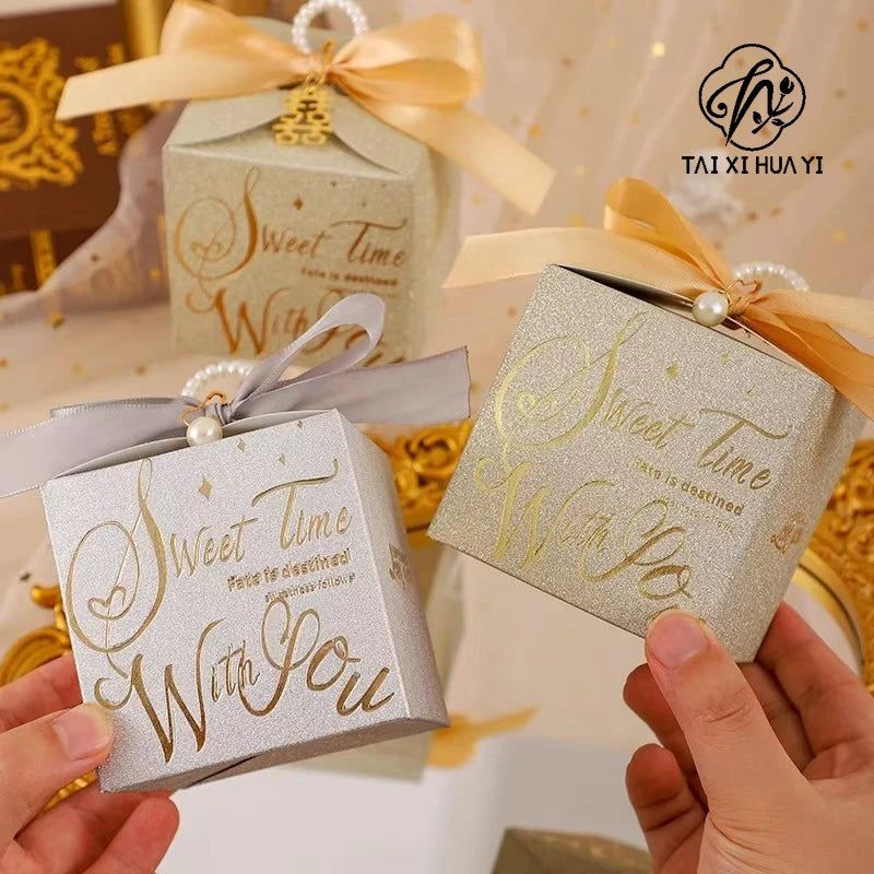 Custom Logo Gold Wedding Ribbon Favors Square Shape Recyclable Paperboard Folders for Guests