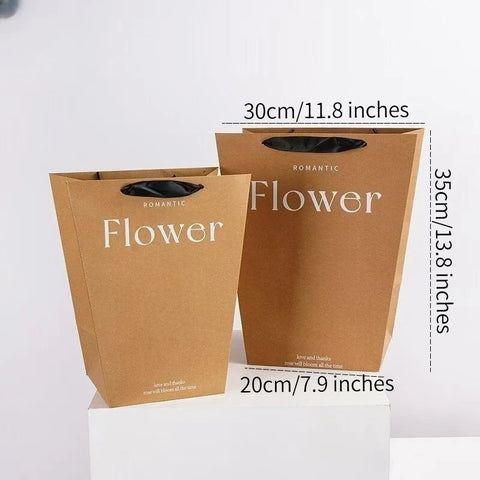 Classic Trapezoidal White and Kraft Paper Bag for Flower Bouquet Valentine's Day Gift with Ribbon Accessory