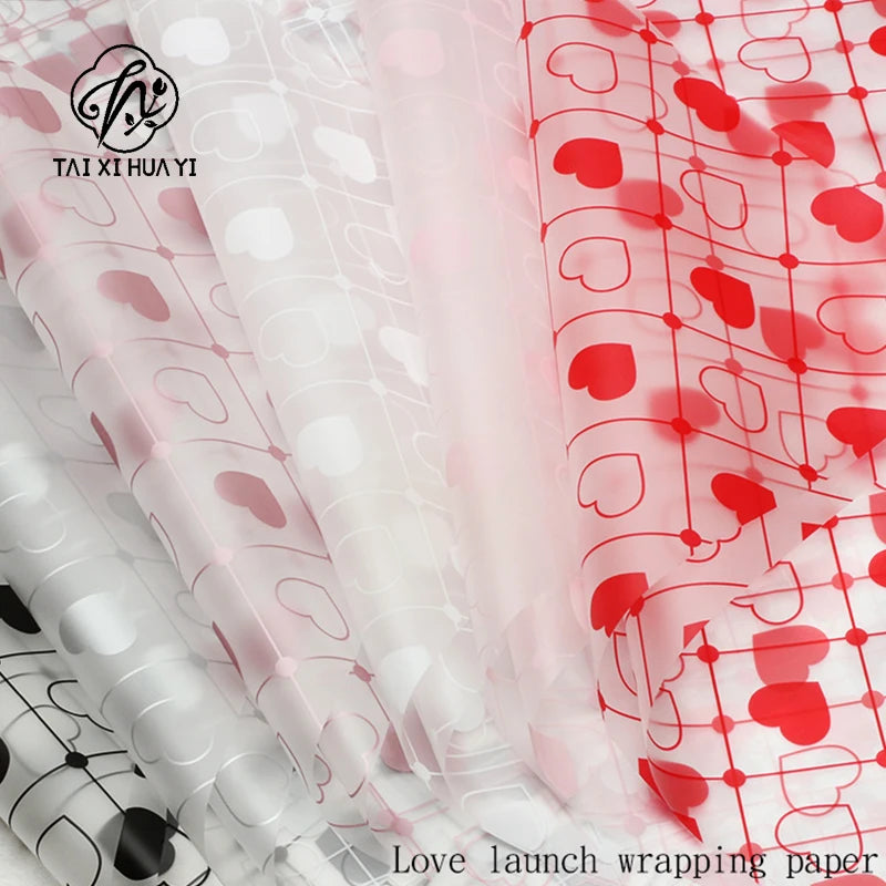 Matte Waterproof PE Jelly Film Floral Wrapping Paper 20 Sheets Heart Print Bouquet Packaging Double Side Virgin Pulp 58x58cm