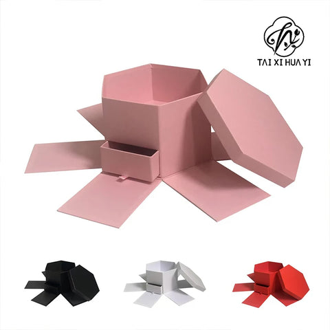 Double Layer Hexagon Flower Gift Box Cardboard Recycled Materials Embossing Printing Rigid Box Recyclable