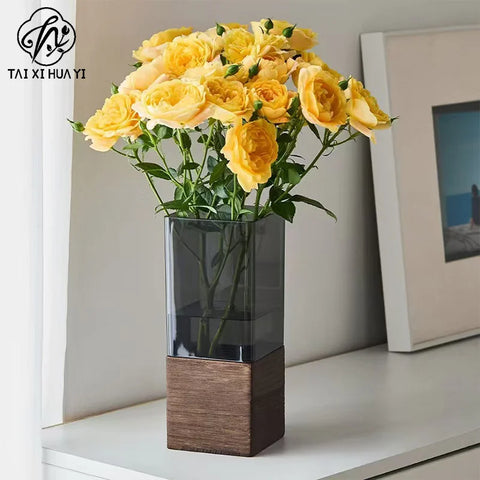 Light Luxury Modern Sleek Square Hydroponic Acrylic Vase with Wooden Sleeve Stand for Gift & Craft Packaging