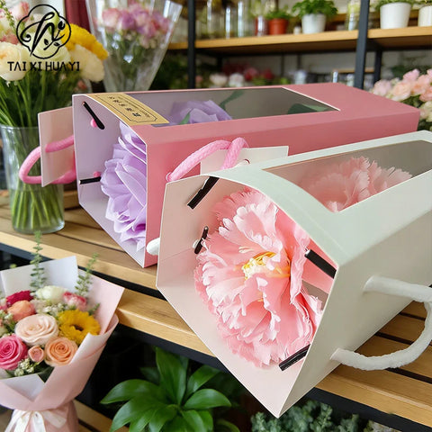 Disposable Solid Color Single Rose Gift Bag Transparent Window Square Matte Laminated Paperboard Folders Custom Logo Bouquet