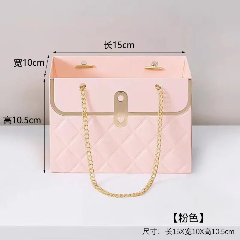 Flower Bag Metal Chain Bouquet Storage Bucket Paper Handbag Gift Box for Wedding Birthday Party Packaging Basket Gift Box