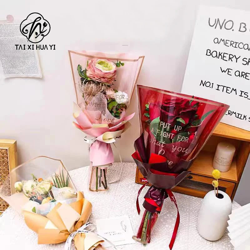 Transparent Single Rose Bouquet OPP Bag Moisture Proof Hot Stamping Gold Edge Festival Flower Wrapping Paper